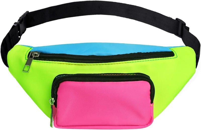 FOLGOS Three Pockets Neon Retro 80s Fanny Pack for Women Men Travel Festival Theme Party Vintage Rave Accessories Plus Size Belt Bag - Image 1
